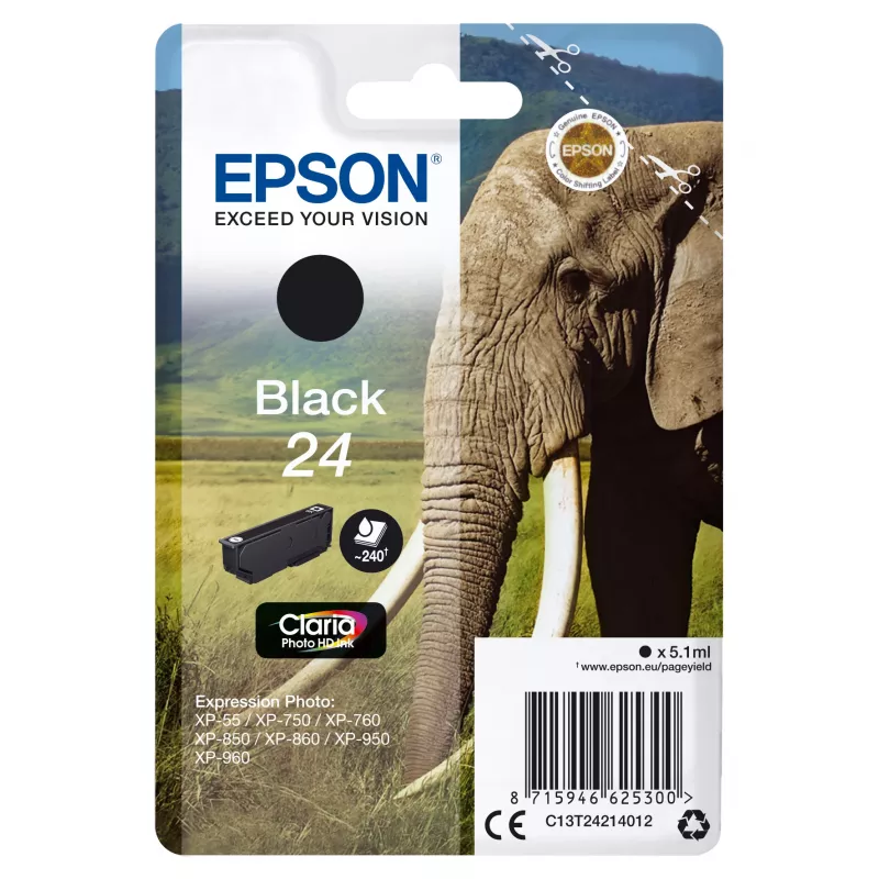 Epson Elephant Singlepack Juoda 24 Claria Photo HD rašalas, juodas