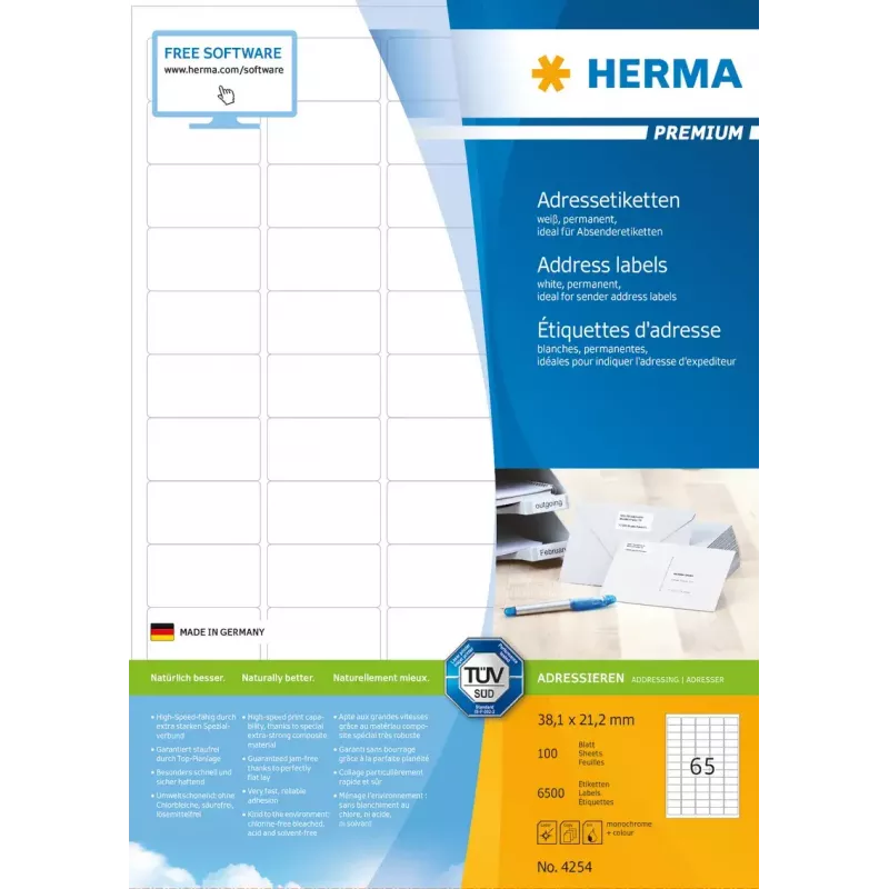 Adresų lipdukai Premium HERMA A4 38,1x21,2 mm 6500 vnt.