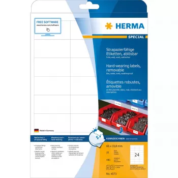 Lipnios etiketės HERMA 4573 Nuimamos Baltos 480 vnt.