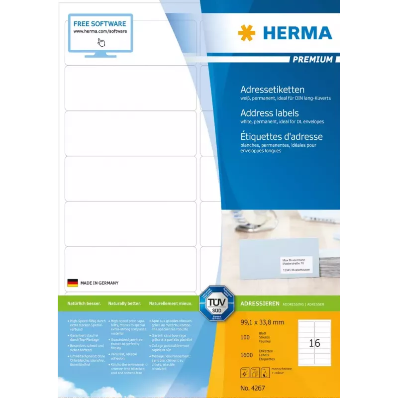 Lipnios adresų etiketės HERMA Premium A4 99,1x33,8 mm 1600 vnt.