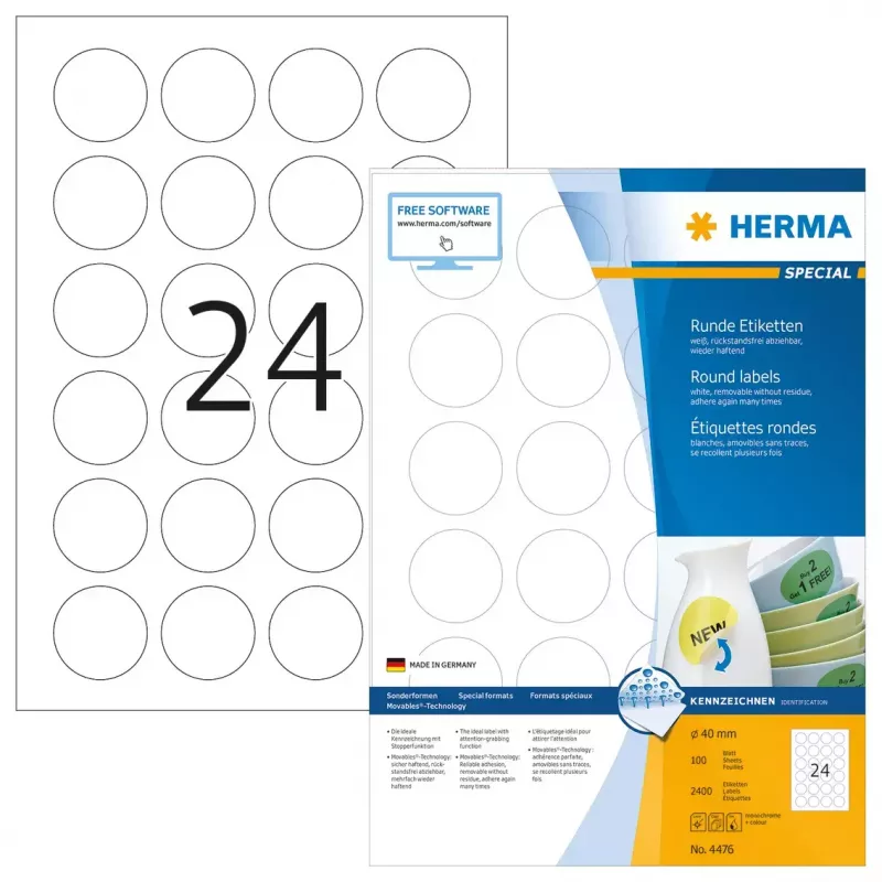 Lipnios etiketės HERMA Nuimamos A4 Ø 40 mm 2400 vnt.
