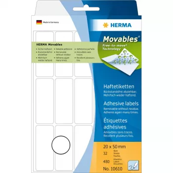 Daugiafunkciai lipdukai HERMA 10610 20x50 mm balti Movables/nuimami popieriniai matiniai