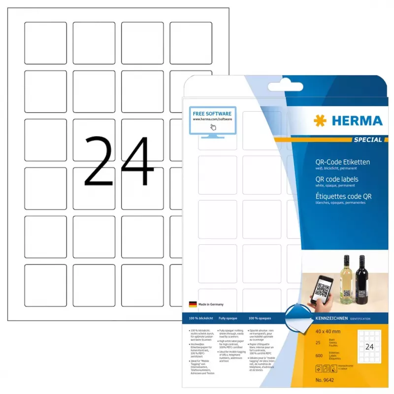 QR kodų etiketės HERMA 9642, A4, 40x40 mm, baltos, kvadratinės, popierinės