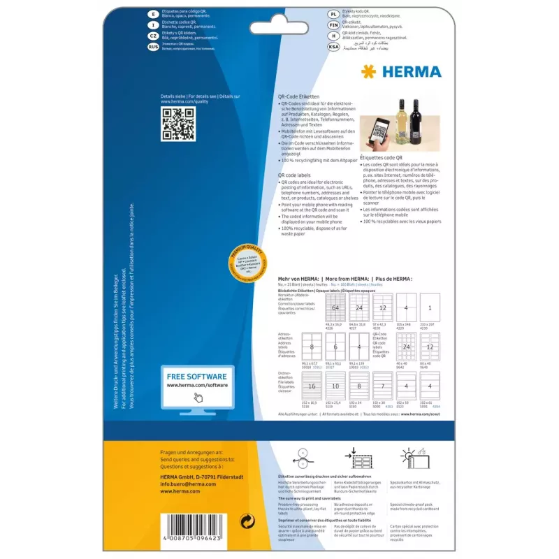 QR kodų etiketės HERMA 9642, A4, 40x40 mm, baltos, kvadratinės, popierinės