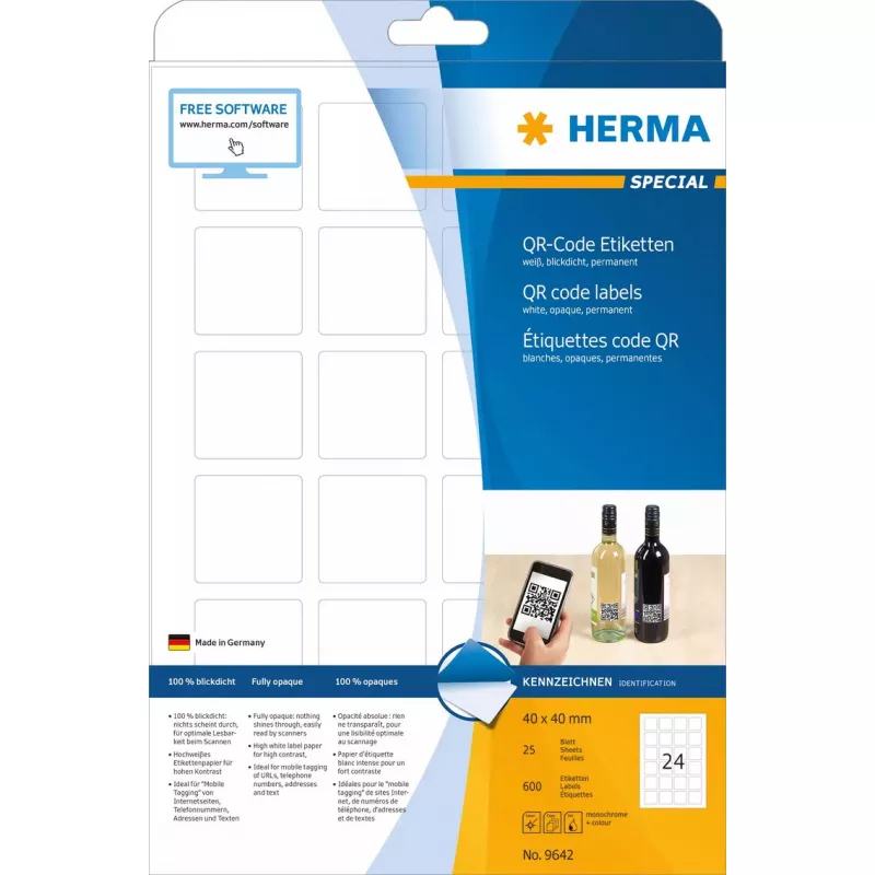 QR kodų etiketės HERMA 9642, A4, 40x40 mm, baltos, kvadratinės, popierinės