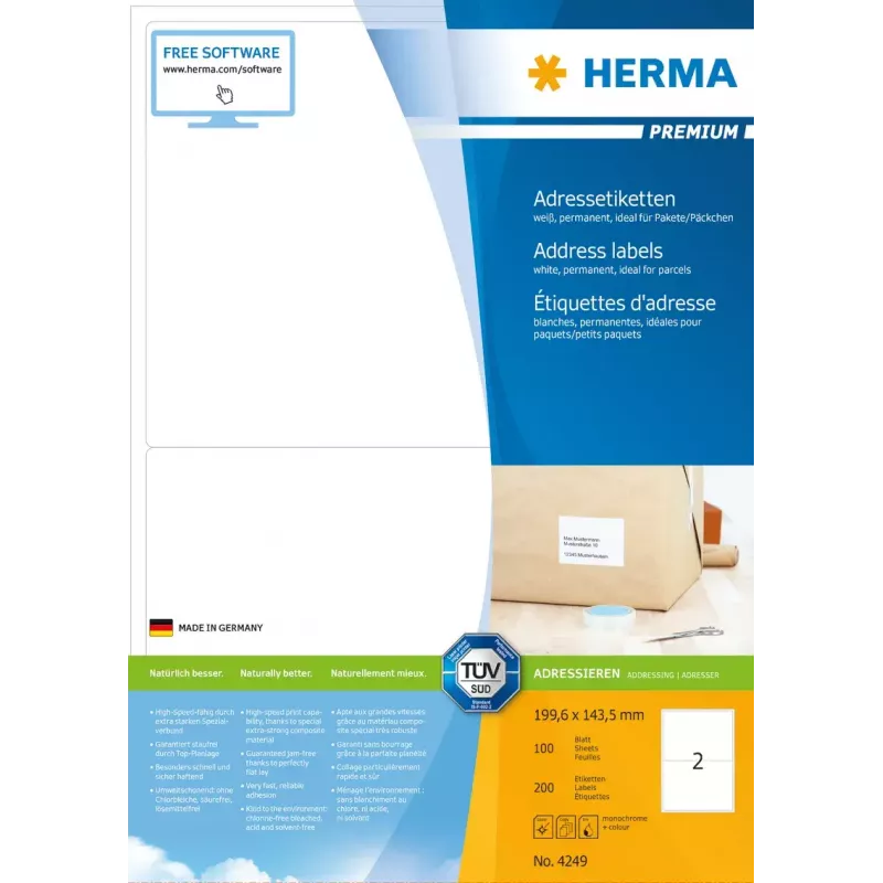 Adresų etiketės Premium HERMA A4 199,6x143,5 mm 200 vnt.