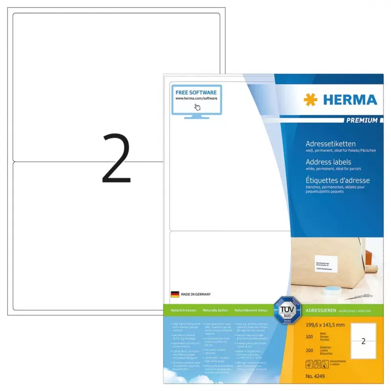 Adresų etiketės Premium HERMA A4 199,6x143,5 mm 200 vnt.