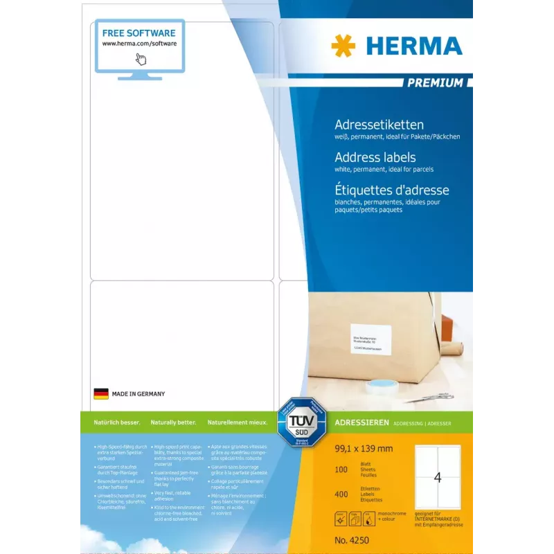 Adresų lipdukai “Premium” HERMA A4 99,1x139 mm 400 vnt.