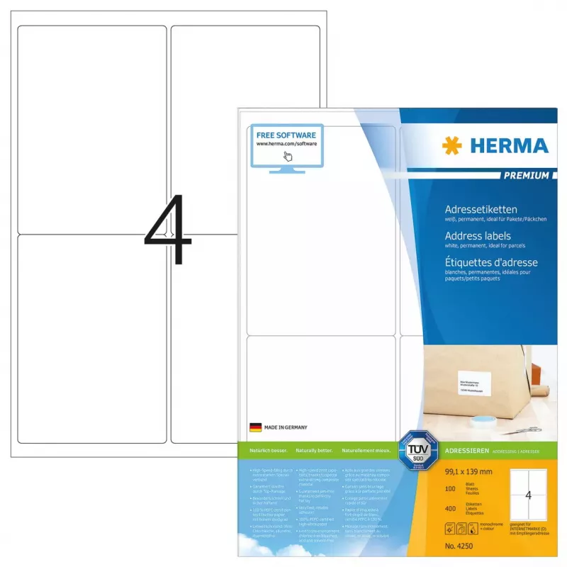Adresų lipdukai “Premium” HERMA A4 99,1x139 mm 400 vnt.