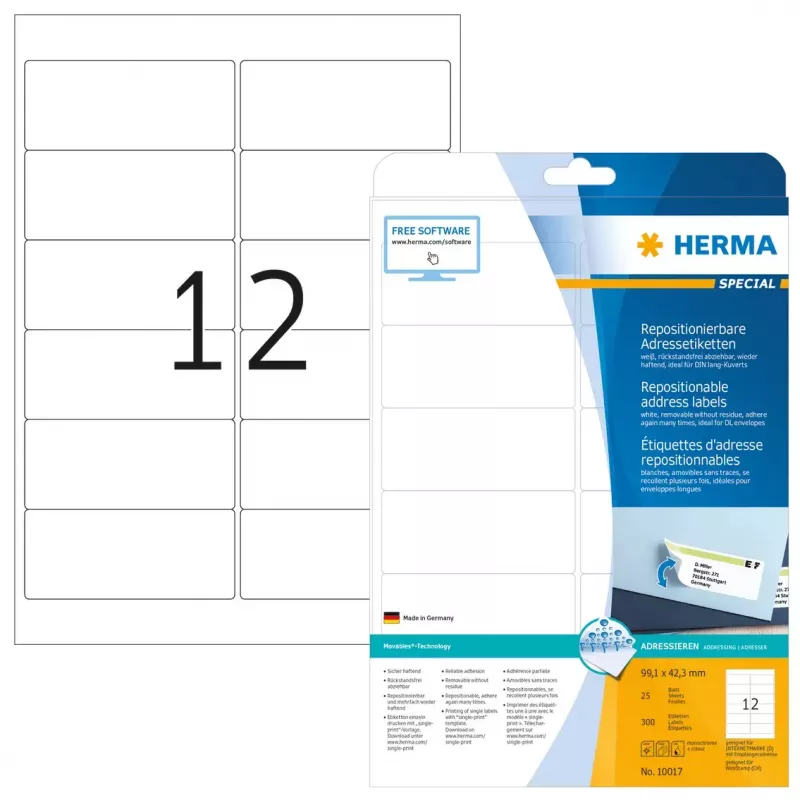 Daugkartinio klijavimo adresų etiketės HERMA 10017 A4 99,1x42,3 mm