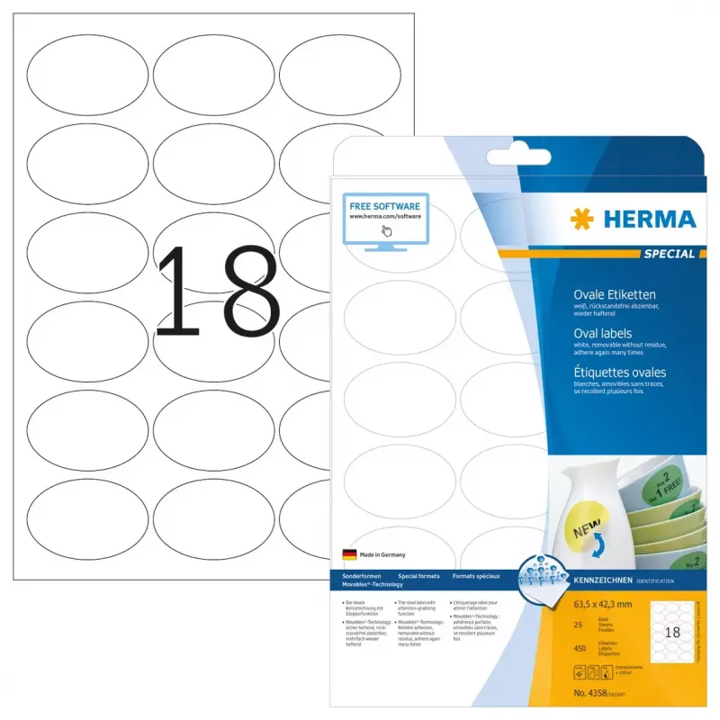 Lipnios etiketės HERMA Nuimamos A4 63,5x42,3 mm 450 vnt.