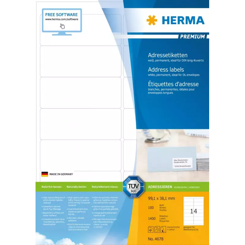 Adresų etiketės Premium HERMA A4 99,1x38,1 mm 1400 vnt.