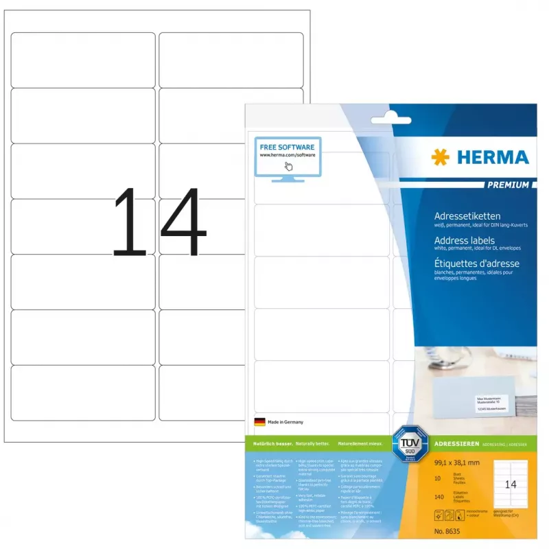Adresų etiketės Premium HERMA A4 99,1x38,1 mm 140 vnt.