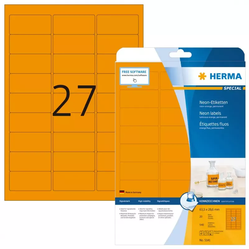 Etiketės HERMA Neon A4 63,5x29,6 mm šviečiančiai oranžinės 540 vnt.