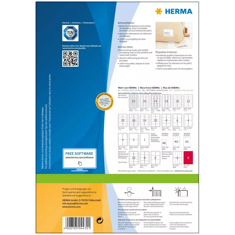 Adresų etiketės Premium HERMA 4472 A4 78,7x139,7 mm 400 vnt.