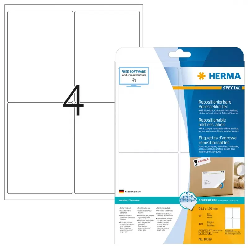 Daugkartinio klijavimo adresų etiketės HERMA 100 vnt. A4 99,1x139 mm