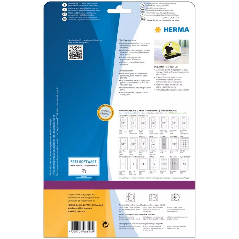 Lipnios spausdintuvo etiketės HERMA CD etiketės Maxi A4 Ø 116 mm