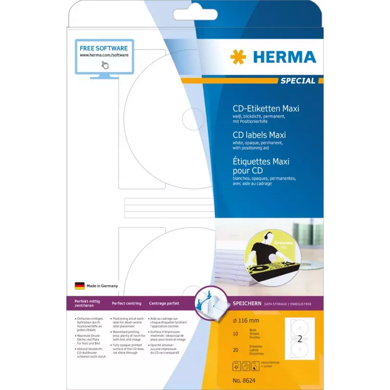 Lipnios spausdintuvo etiketės HERMA CD etiketės Maxi A4 Ø 116 mm