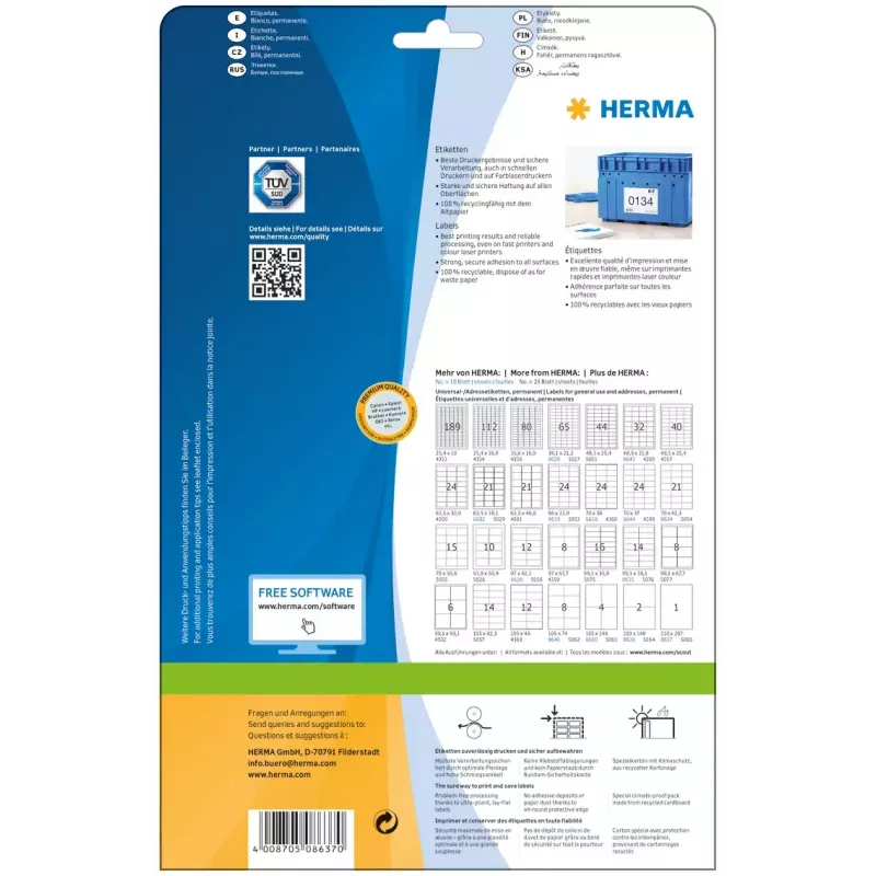 savaime limpančios spausdintuvo etiketės HERMA Labels Premium A4, 210x297 mm, baltas popierius, matinis, 10 vnt.