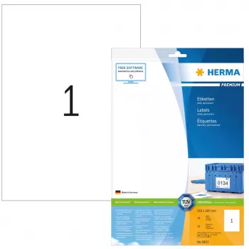 savaime limpančios spausdintuvo etiketės HERMA Labels Premium A4, 210x297 mm, baltas popierius, matinis, 10 vnt.