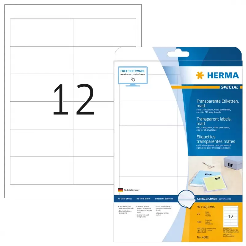 Lipnios spausdintuvo etiketės HERMA Labels skaidrios matinės A4 97x42,3 mm plėvelė 300 vnt.