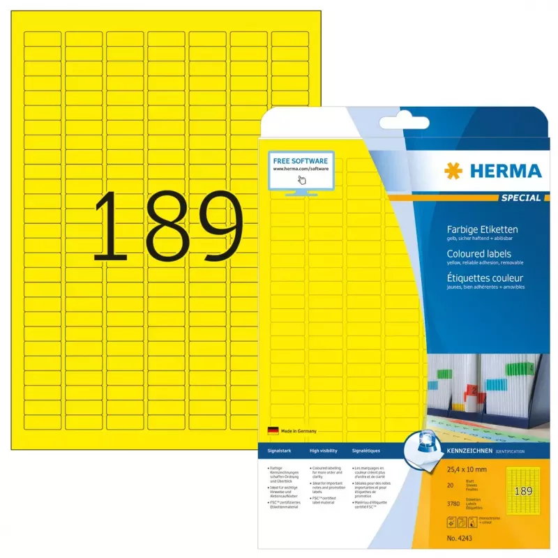 Lipnios spausdintuvo etiketės HERMA Coloured Labels A4 25,4×10 mm geltonos