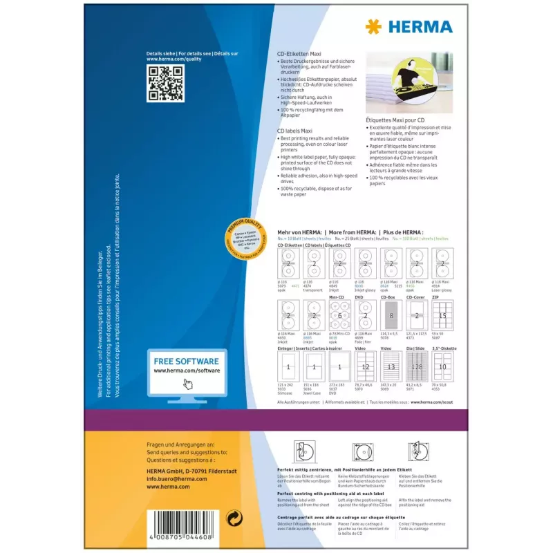 Lipnios spausdintuvo etiketės HERMA CD etiketės Maxi A4 Ø 116 mm