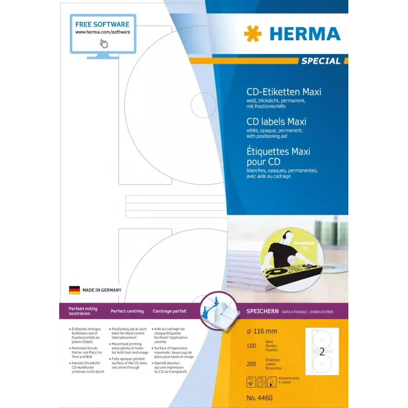 Lipnios spausdintuvo etiketės HERMA CD etiketės Maxi A4 Ø 116 mm
