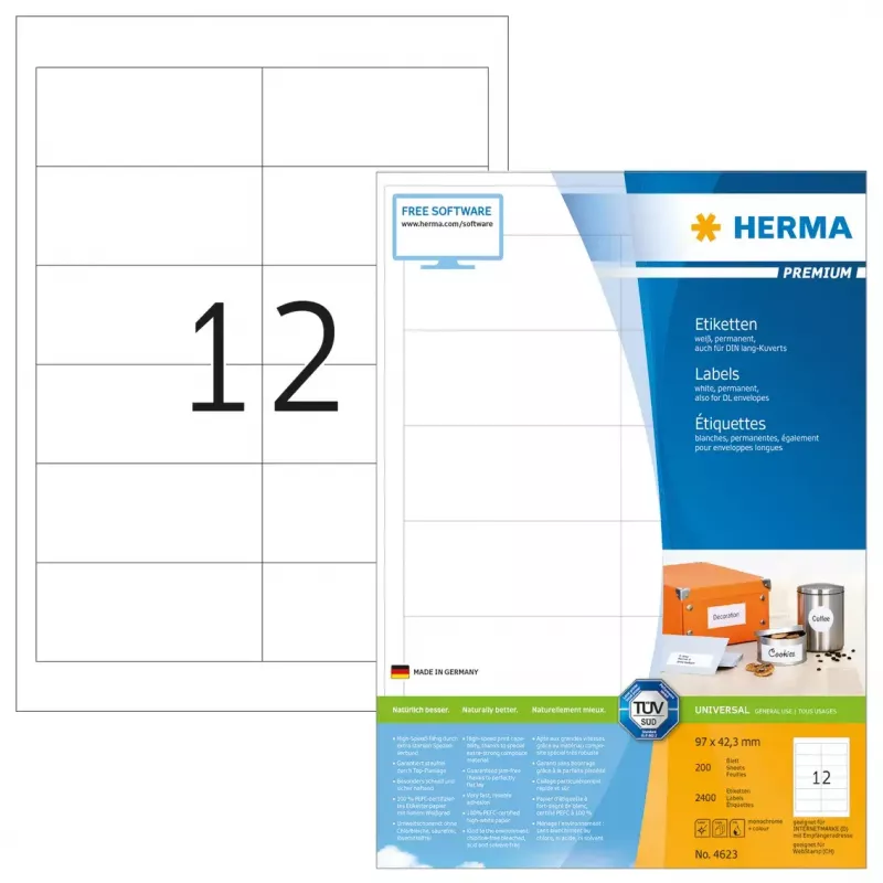 HERMA Premium A4 etiketės 97x42,3 mm balto popieriaus matinės 2400 vnt.