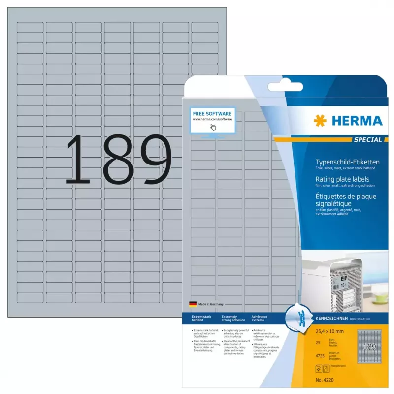 Įvertinimo etikečių lapai HERMA 4725 vnt. A4 25x10 mm sidabriniai
