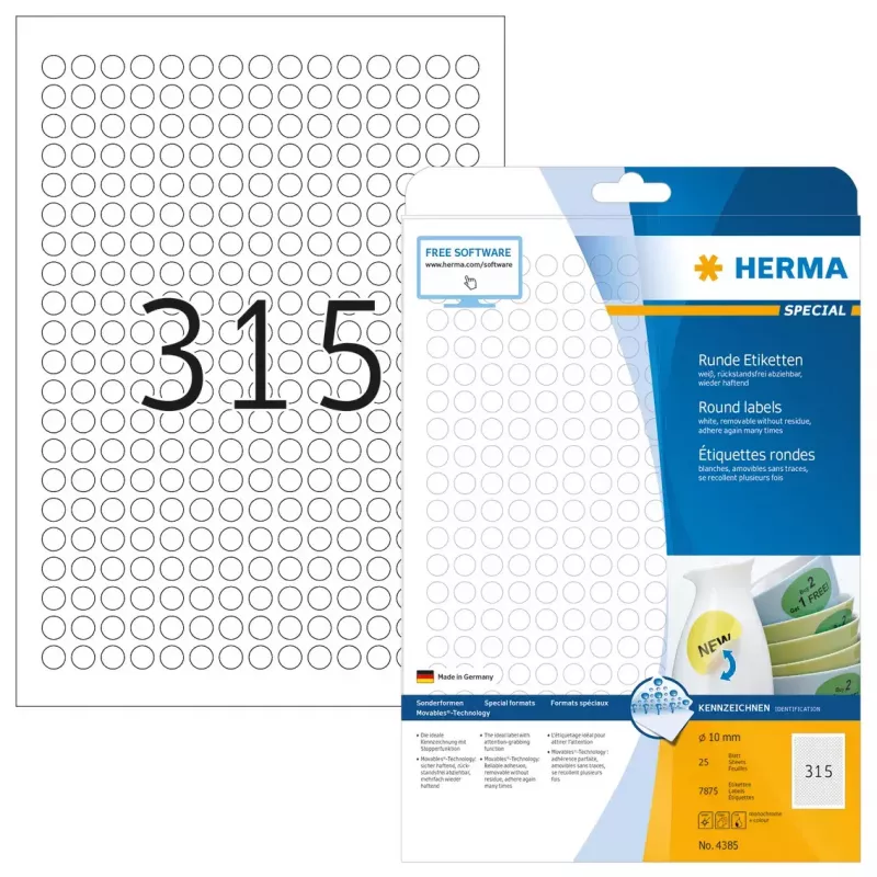 Lipnios etiketės HERMA Nuimamos A4 Ø 10 mm apvalios baltos