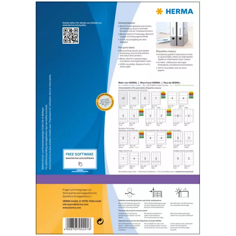Lipnios spausdintuvo etiketės HERMA File labels A4 192x59 mm