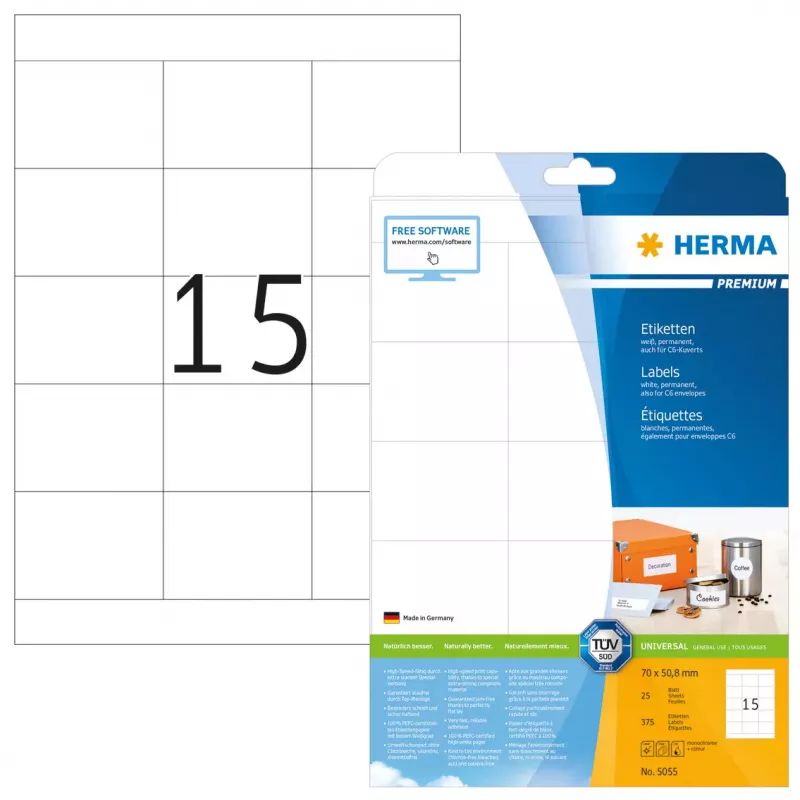 Lipnūs spausdintuvo lipdukai HERMA Labels Premium A4 70x50,8 mm