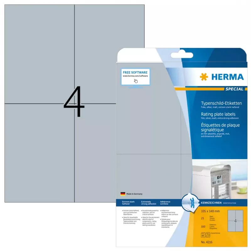 Lipnios etiketės HERMA vardinės lentelės etiketės A4 105x148 mm sidabrinės itin stiprus sukibimas matinė plėvelė 100 vnt.
