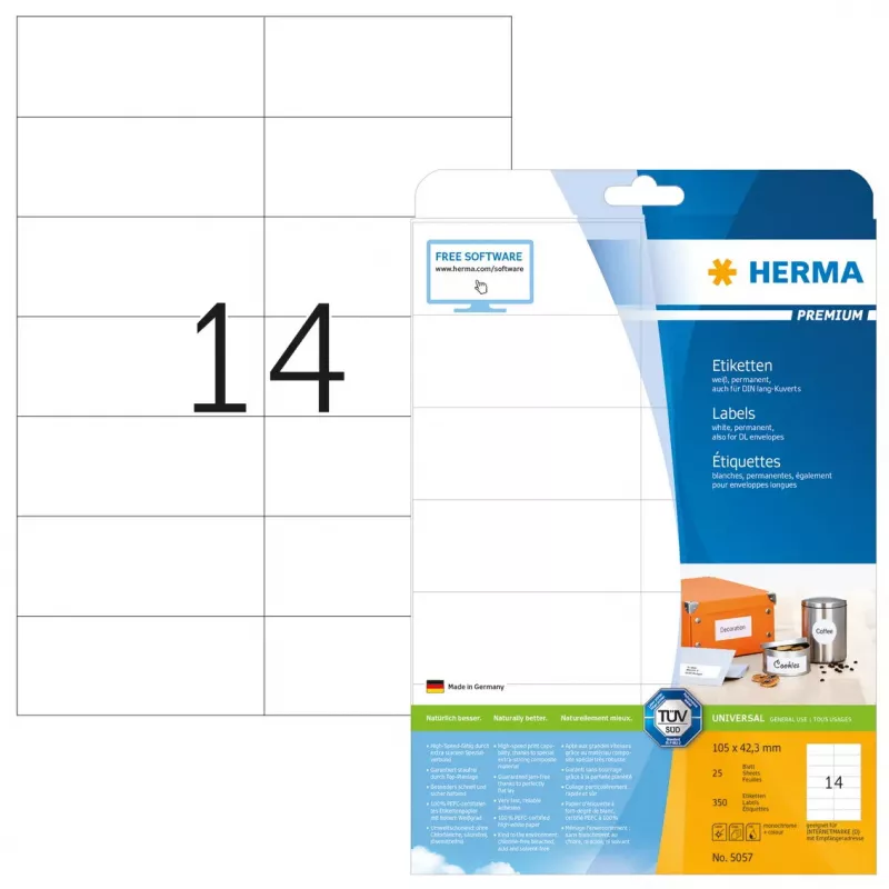 Lipnios spausdintuvo etiketės HERMA Premium A4 105x42,3 mm 350 vnt.