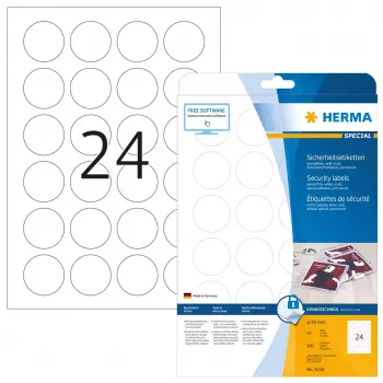 Lipnioji spausdintuvo etiketė HERMA Apsaugos etiketės A4 Ø 40 mm apvalios baltos