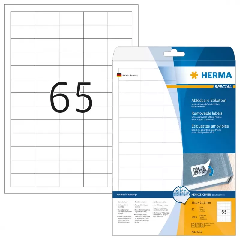 Lipnios spausdintuvo etiketės HERMA 1625 vnt. A4 38,1x21,2 mm