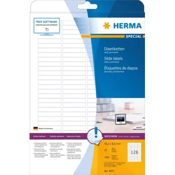 Slenkančios etiketės HERMA A4 43,2x8,5 mm baltos popierinės matinės 3200 vnt.
