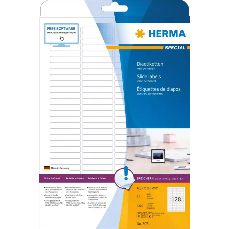 Slenkančios etiketės HERMA A4 43,2x8,5 mm baltos popierinės matinės 3200 vnt.