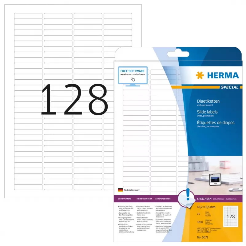 Slenkančios etiketės HERMA A4 43,2x8,5 mm baltos popierinės matinės 3200 vnt.