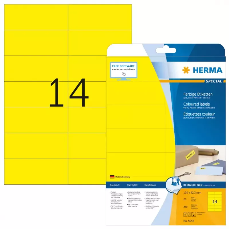 Lipnios etiketės HERMA 5058 geltonos 105x42,3 mm 280 vnt.