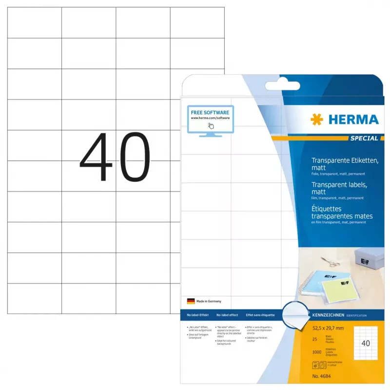 Lipnios spausdintuvo etiketės HERMA Labels skaidrios matinės A4 52,5x29,7 mm plėvelė 1000 vnt.