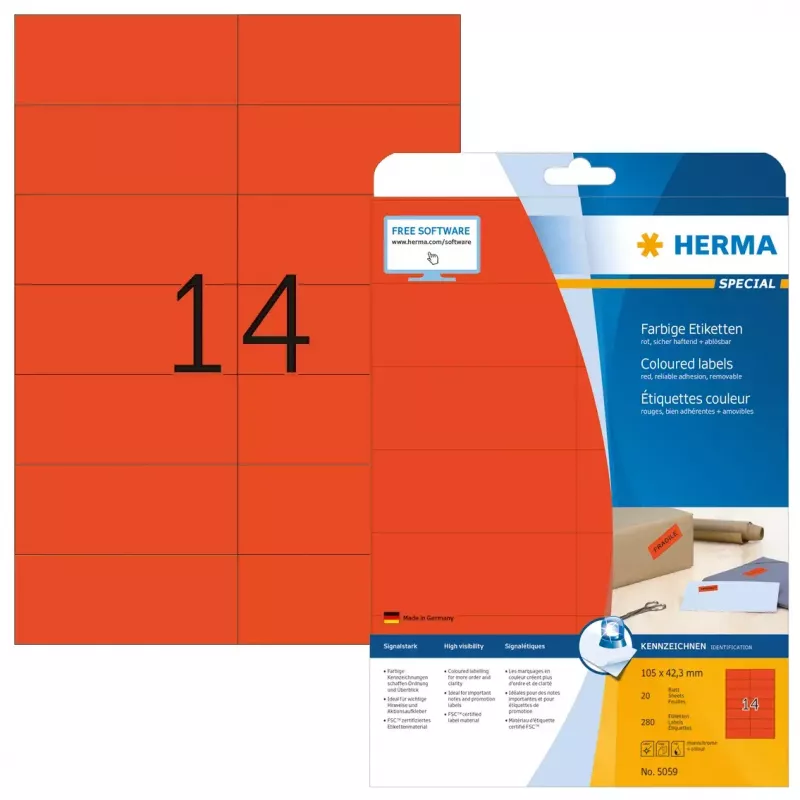 Lipnios spausdintuvo etiketės HERMA Spalvotos etiketės A4 105x42,3 mm raudonos