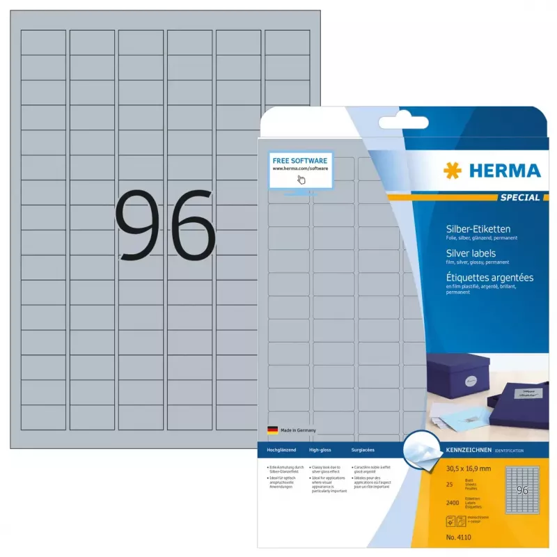Lipnios spausdintuvo etiketės HERMA Labels A4 30,5x16,9 mm sidabrinė plėvelė blizgi 2400 vnt.
