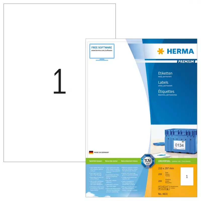 HERMA Premium etiketės A4 210x297 mm baltos popierinės matinės 200 vnt.