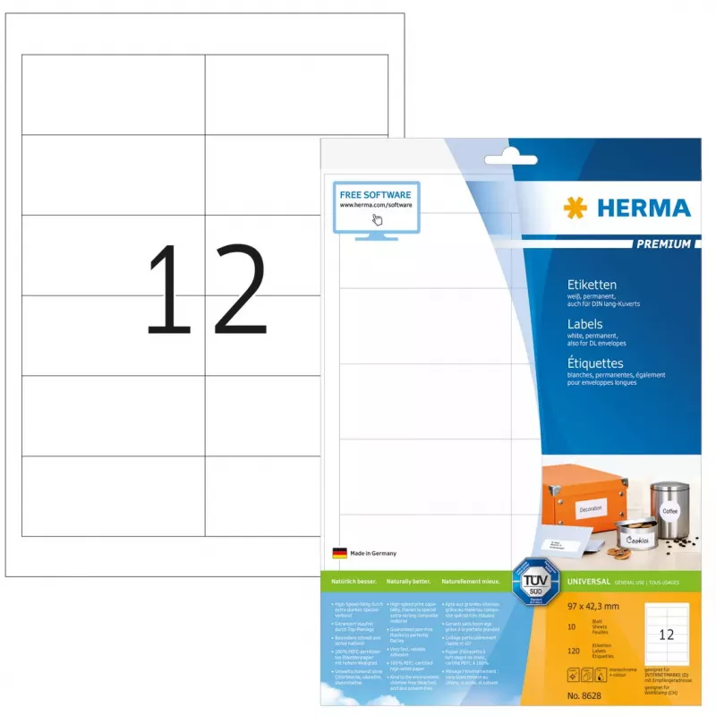 Lipnūs spausdintuvo lipdukai HERMA Labels Premium A4 97x42,3 mm