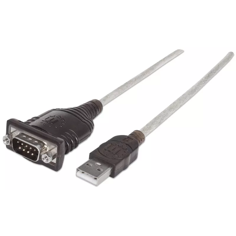 Manhattan USB-A į nuoseklųjį keitiklį laidas, 45 cm, kištukas–kištukas, nuoseklusis/RS232/COM/DB9, FTDI FT232RL lustas, suderinamas su Windows 11 (ir ankstesnėmis OS), juodas/sidabrinis laidas, trejų metų garantija, atitinka ICUSB2321F.