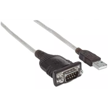 Manhattan USB-A į nuoseklųjį keitiklį laidas, 45 cm, kištukas–kištukas, nuoseklusis/RS232/COM/DB9, FTDI FT232RL lustas, suderinamas su Windows 11 (ir ankstesnėmis OS), juodas/sidabrinis laidas, trejų metų garantija, atitinka ICUSB2321F.