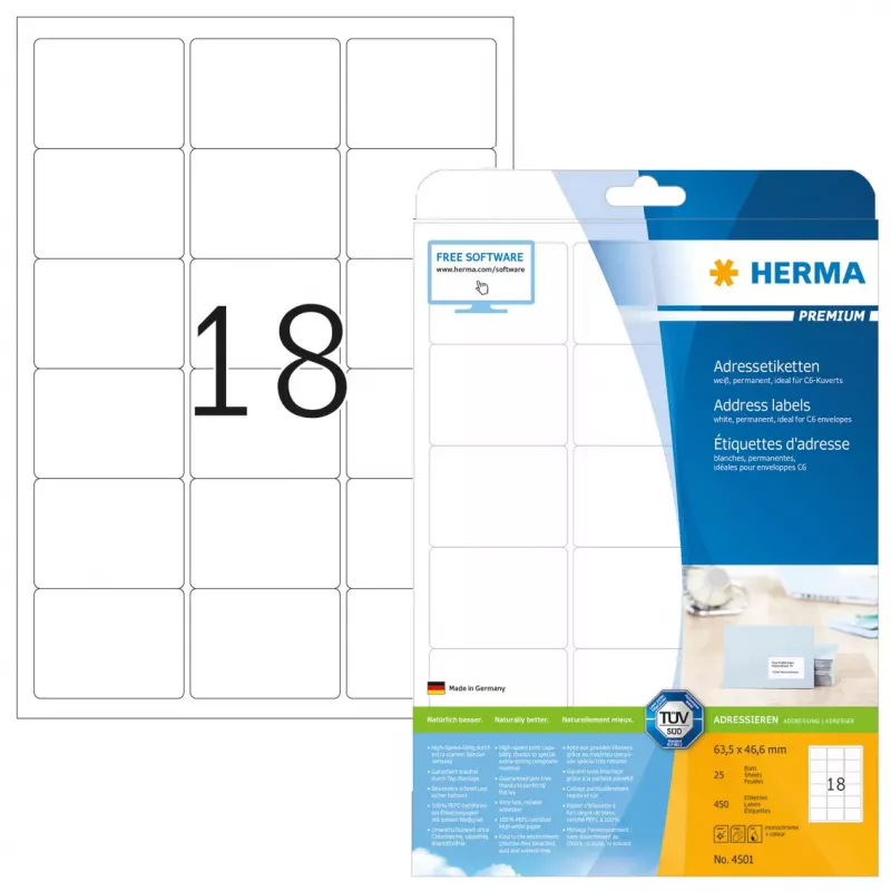 Adresų lipdukai Premium HERMA A4 63,5x46,6 mm 450 vnt.