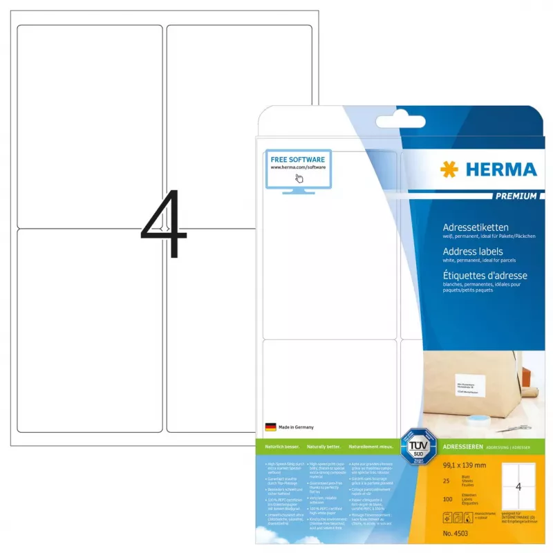 Adresų etikečių Premium HERMA 4503 A4 99,1x139 mm 100 vnt.